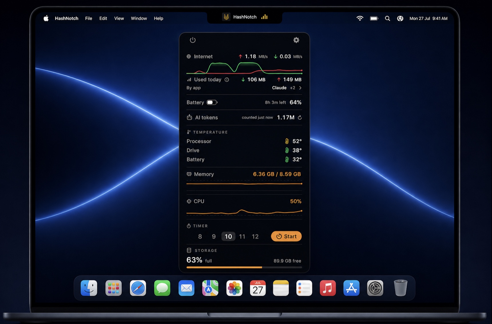 The HashNotch panel open under a MacBook notch, showing internet throughput with a live graph, data used today with a by-app breakdown, battery with time remaining, AI tokens for the day, processor, drive and battery temperatures, memory, CPU, a timer and storage.